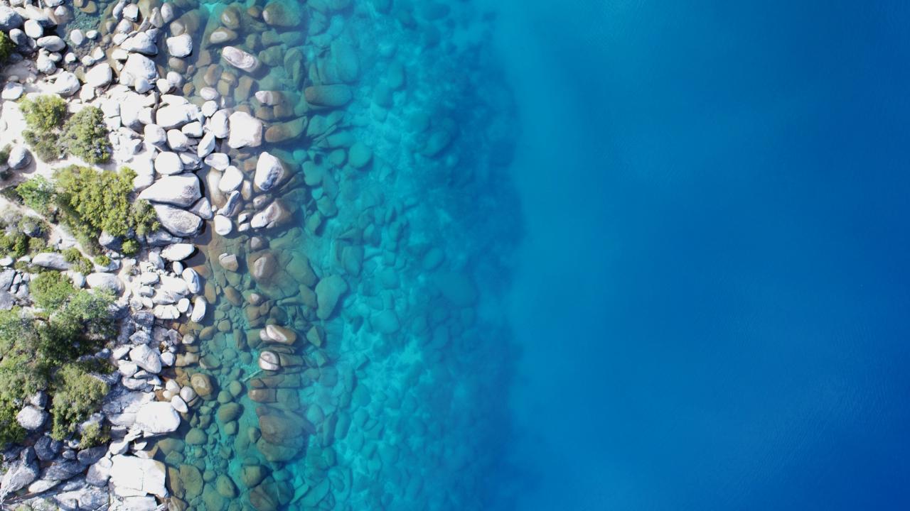 Aerial view of rocky shoreline with green bushes and clear turquoise-to-deep-blue water.