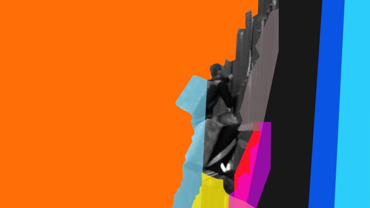 Composite art work illustrating a border issues in orange, blues and black