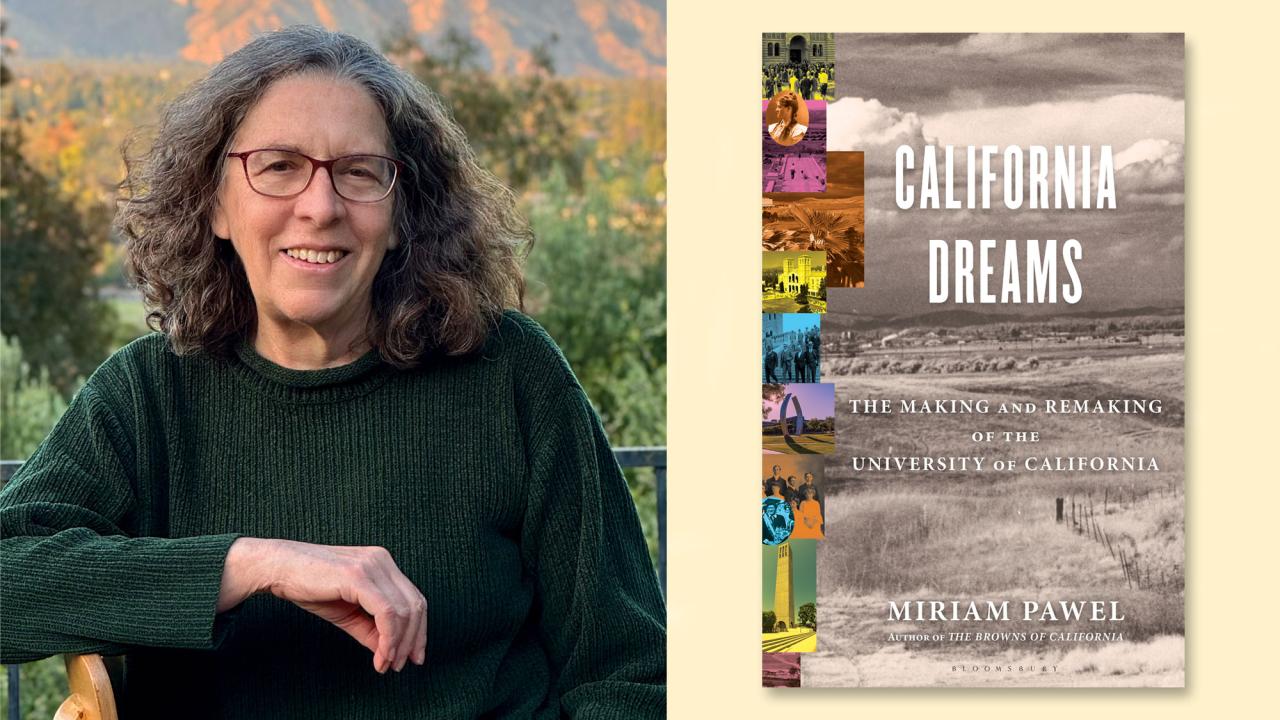 Photo of smiling woman in green sweater beside book cover 'California Dreams'.