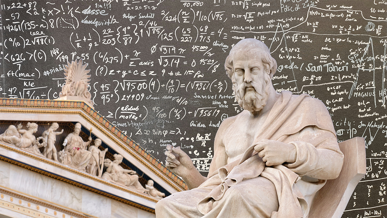 Plato in front of building, which are both in front of a math-filled background.