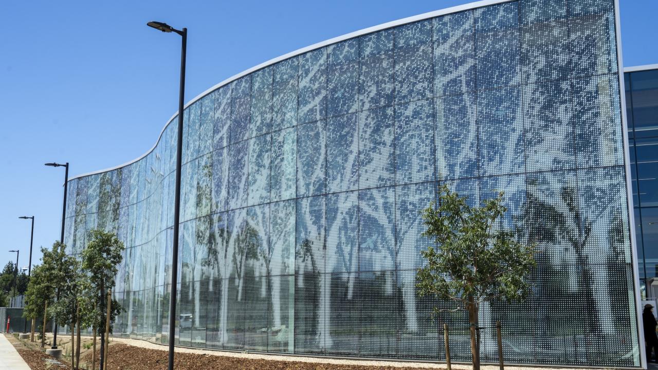 Curved glass building with white tree-like patterns, small street trees and blue sky. UC Davis celebrated the opening of the Resnick Center for Agricultural Innovation on Tuesday, May 19, 2026. (TJ Ushing / UC Davis)