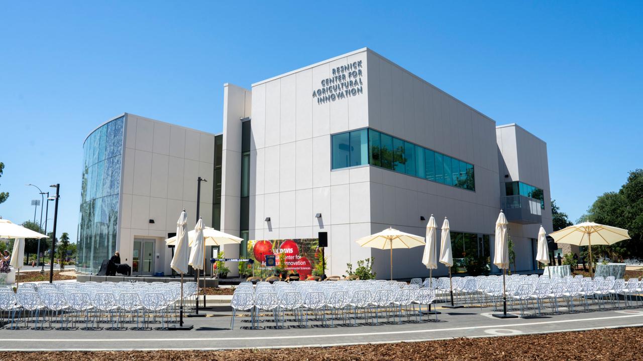 Modern white building with outdoor tables and umbrellas under clear blue sky