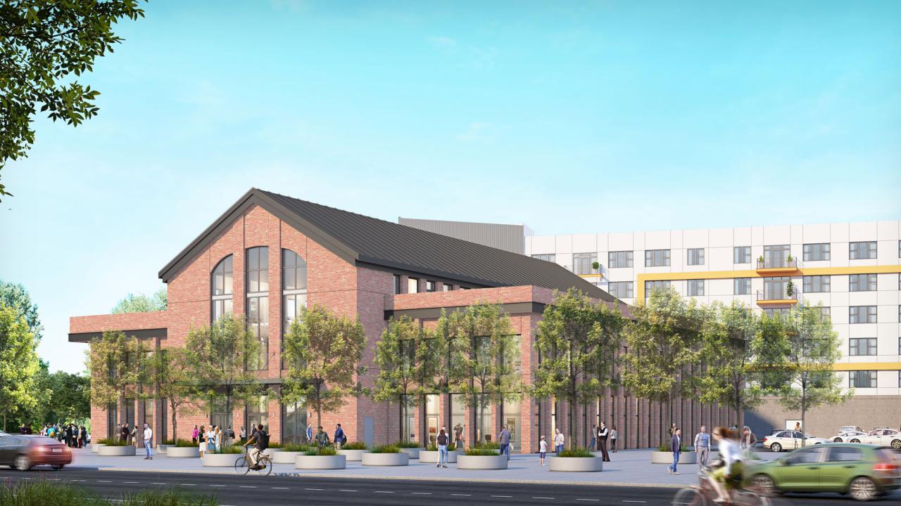 Rendering of Aggie Square's "Building on the Square" with blue sky on background.