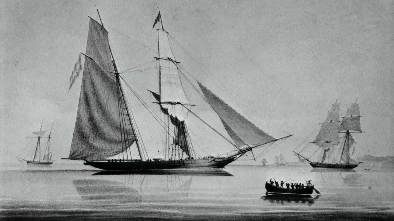 Black and white illustration of slave ships in early 19th century with canoe of enslaved Africans in the foreground