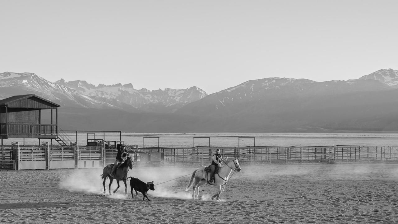 Photo with cowboys and horses in a horse ring.