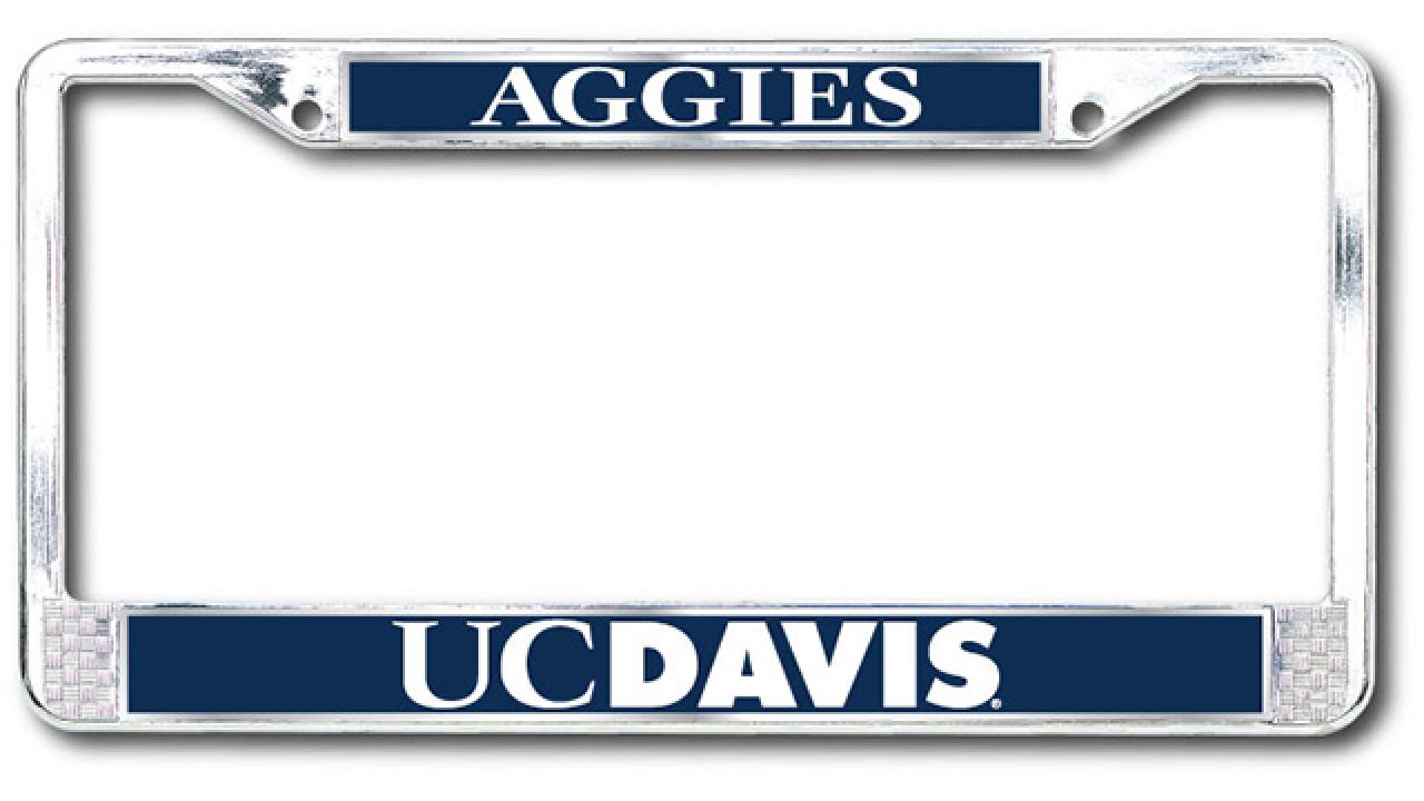 Graphic: silver license plate frame with blue panels reading AGGIES and UC DAVIS