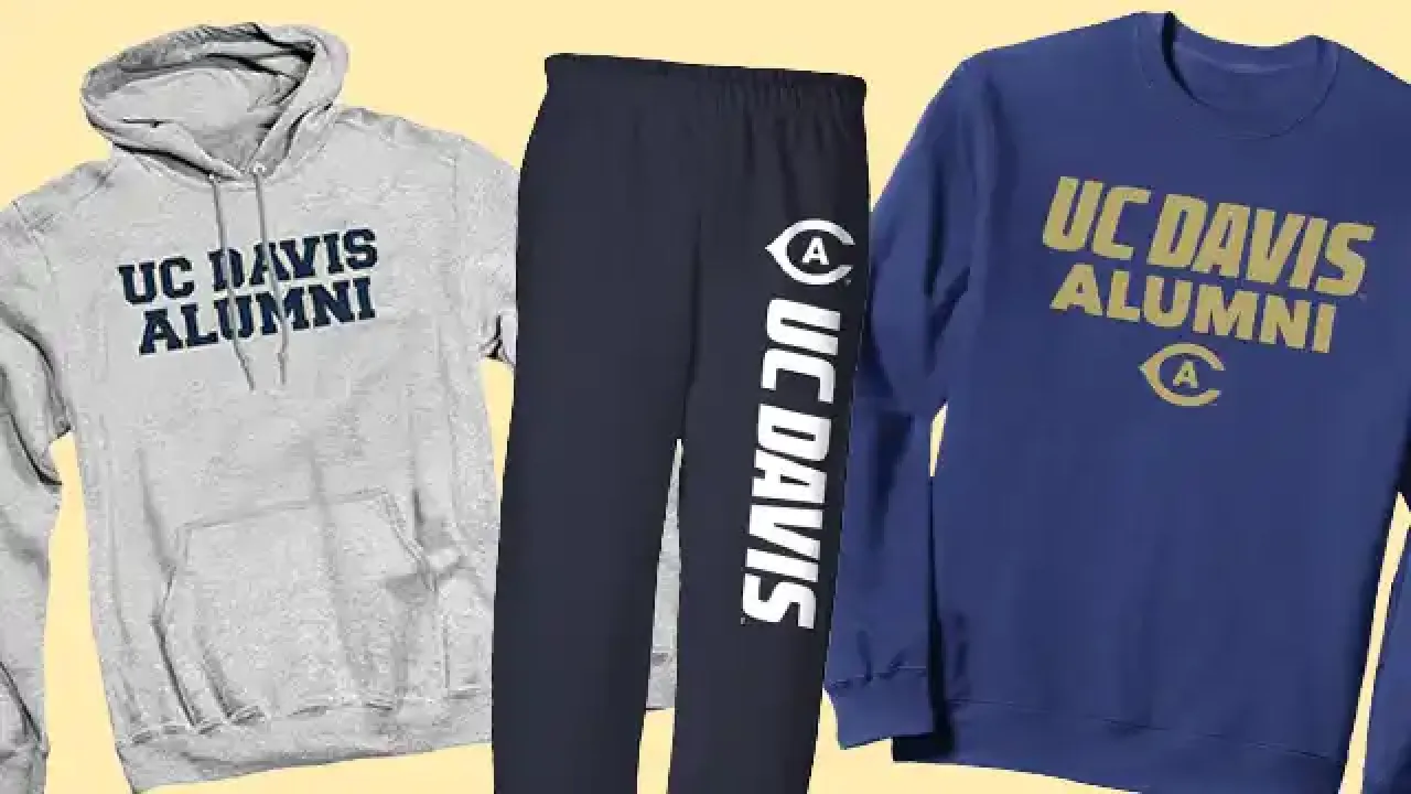 UC Davis alumni apparel: gray hoodie, navy sweatpants with white logo, blue sweatshirt