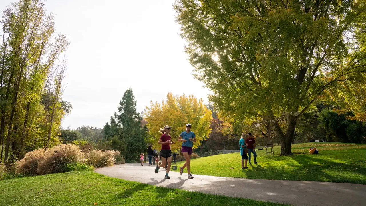 Two joggers on a sunny park path with autumn trees and two walkers nearby