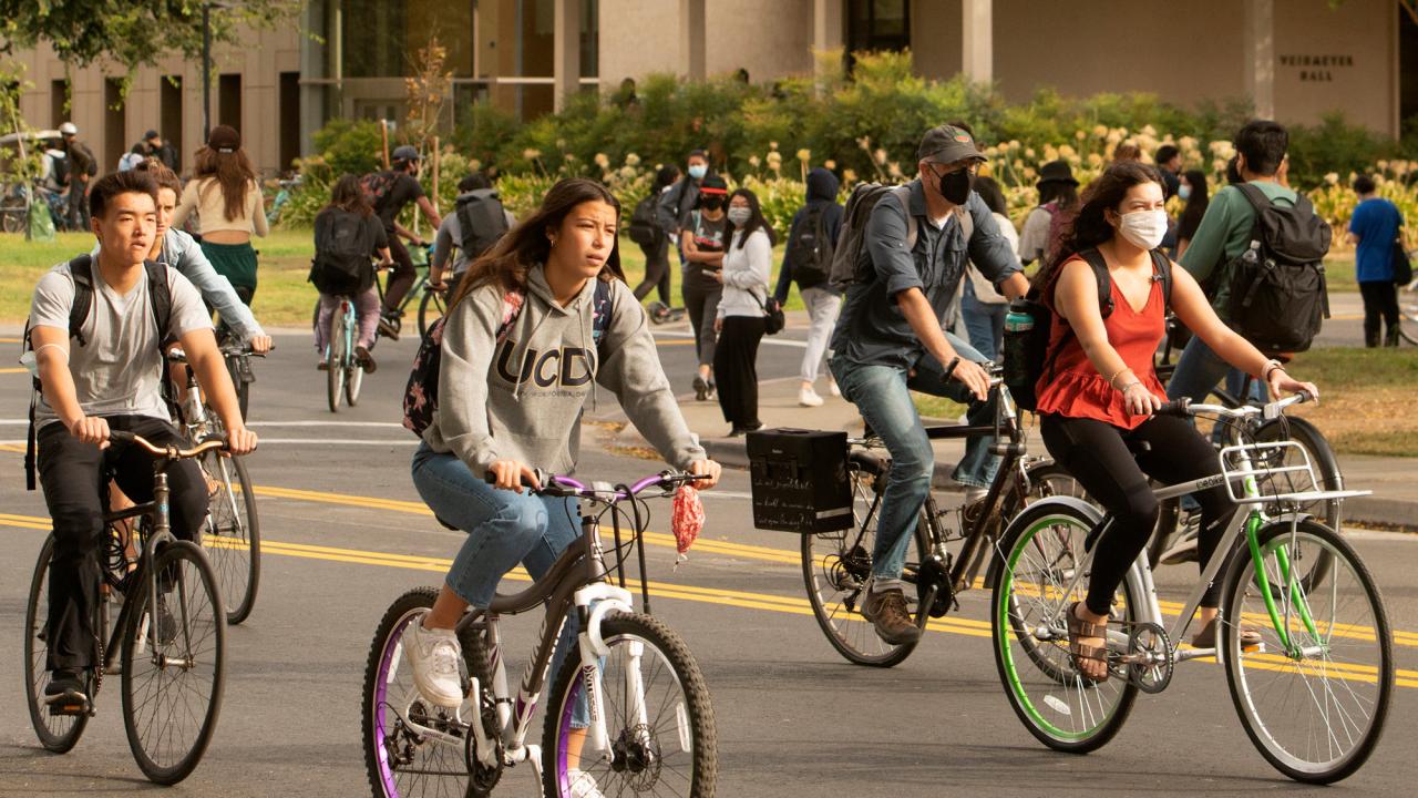 Group of bicyclists on campus