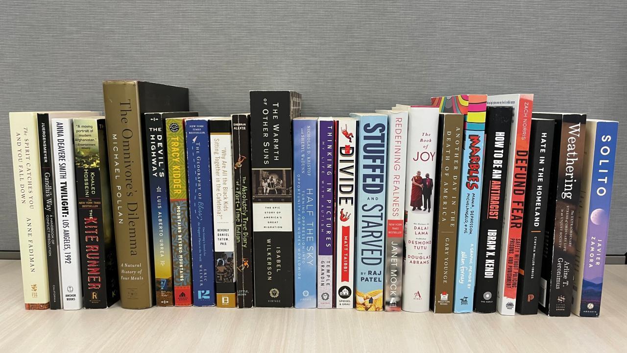 Mixed hardcover and paperback books lined up on a light wooden shelf against a gray wall