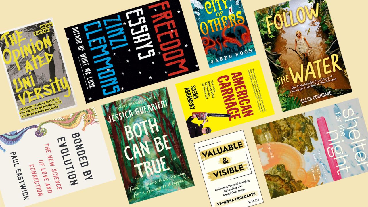 assorted colorful book covers arranged on a pale yellow background