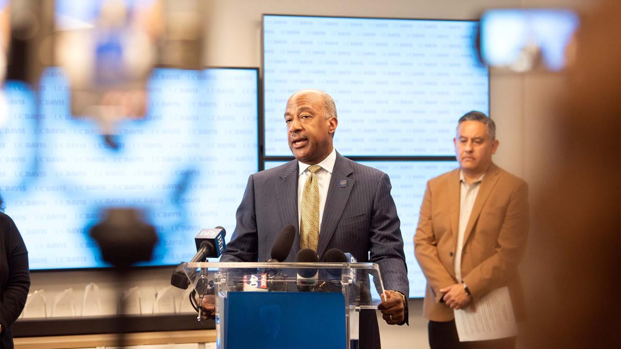 Chancellor Gary S. May at lectern