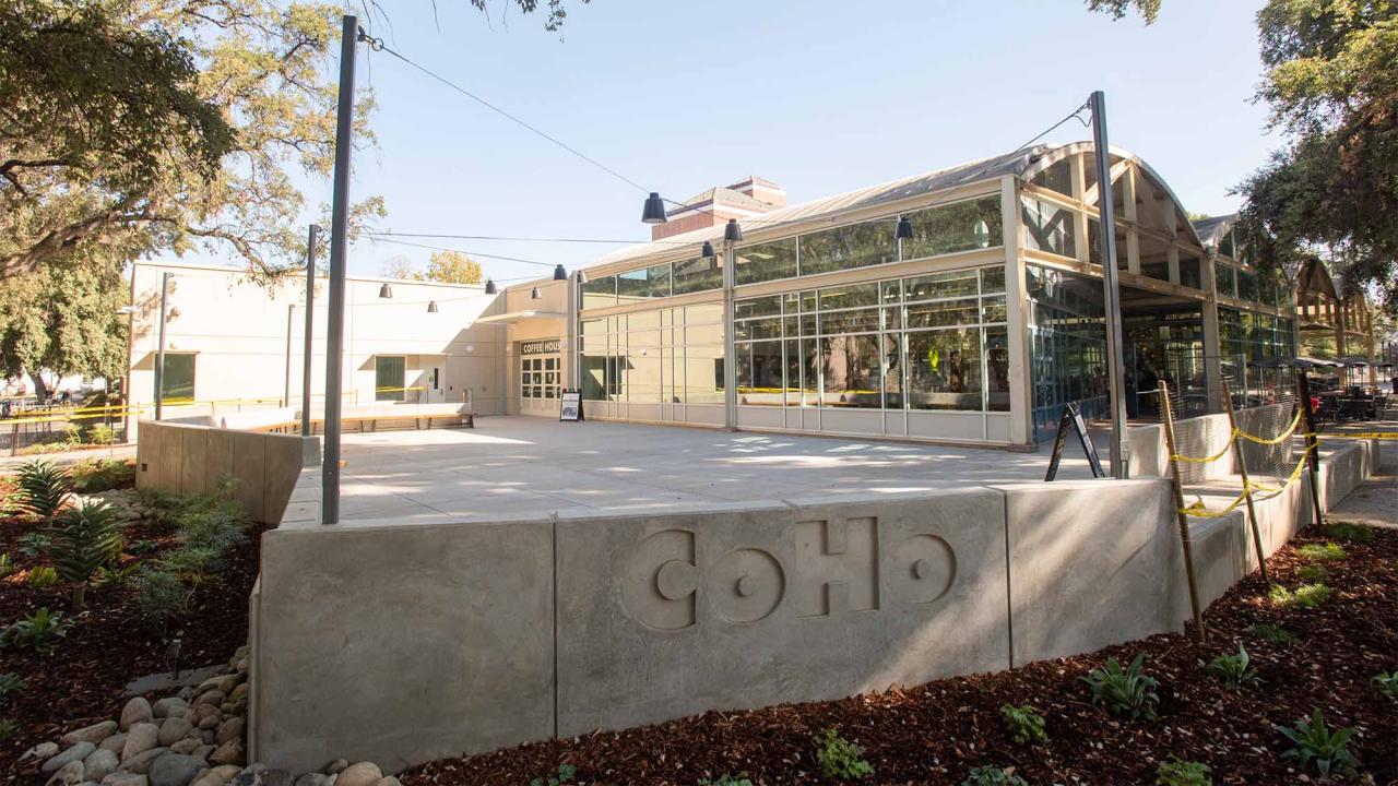 CoHo building and concrete plaza with trees and raised lettering
