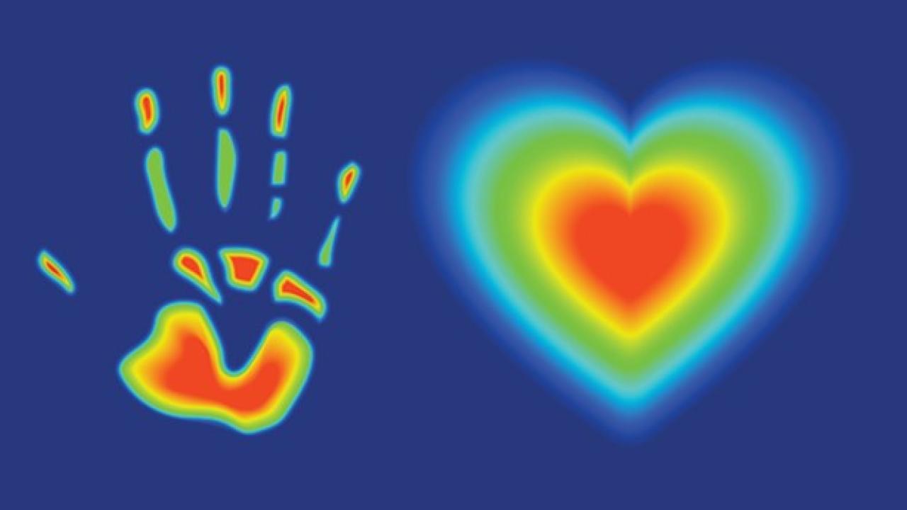 Thermal-style graphic: handprint with heart in palm beside concentric rainbow heart