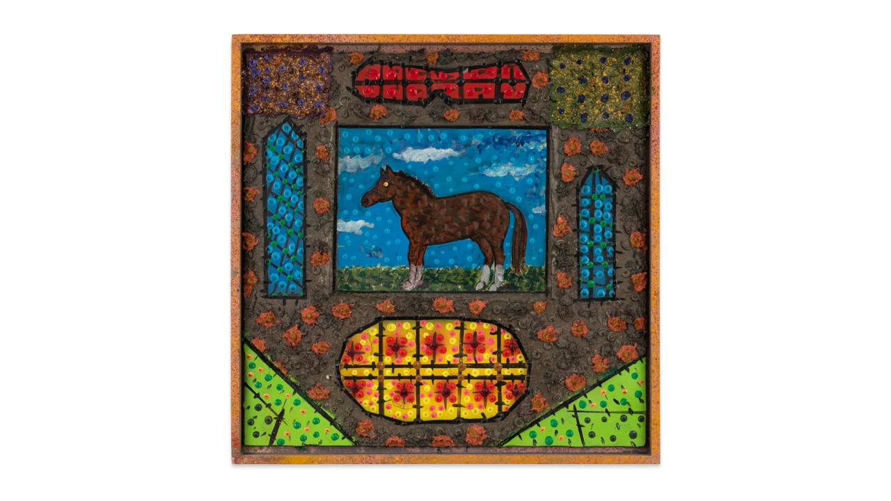 A colorful stained glass artwork featuring a brown horse against a blue sky.