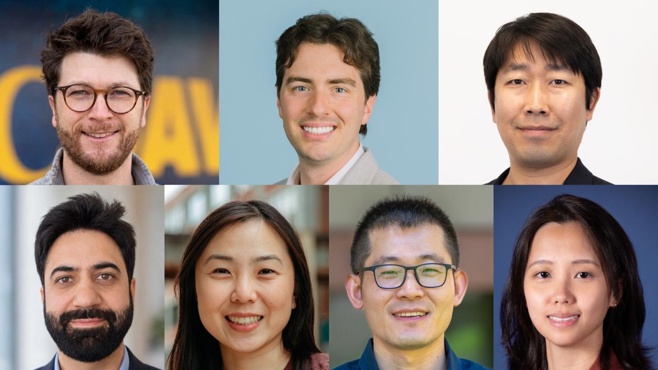 Collage of seven professional headshot photographs, neutral backgrounds, smiling.