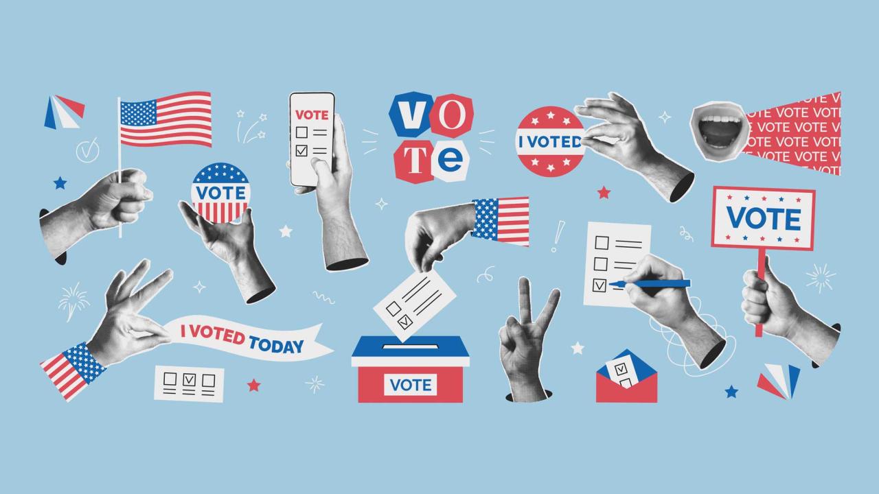 Graphic collage of diverse hands with I voted stickers, ballots and vote buttons on blue background