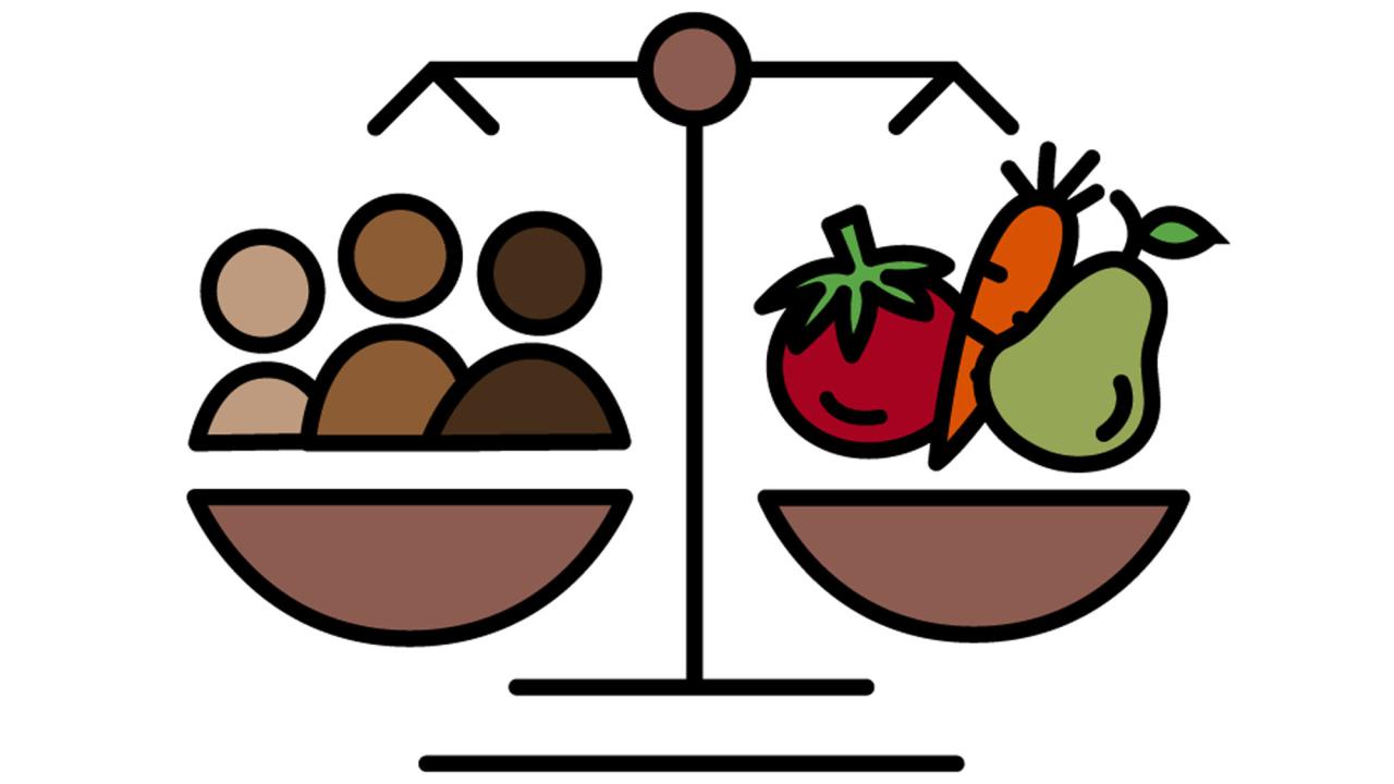 Drawing of people and food on the scales of justice