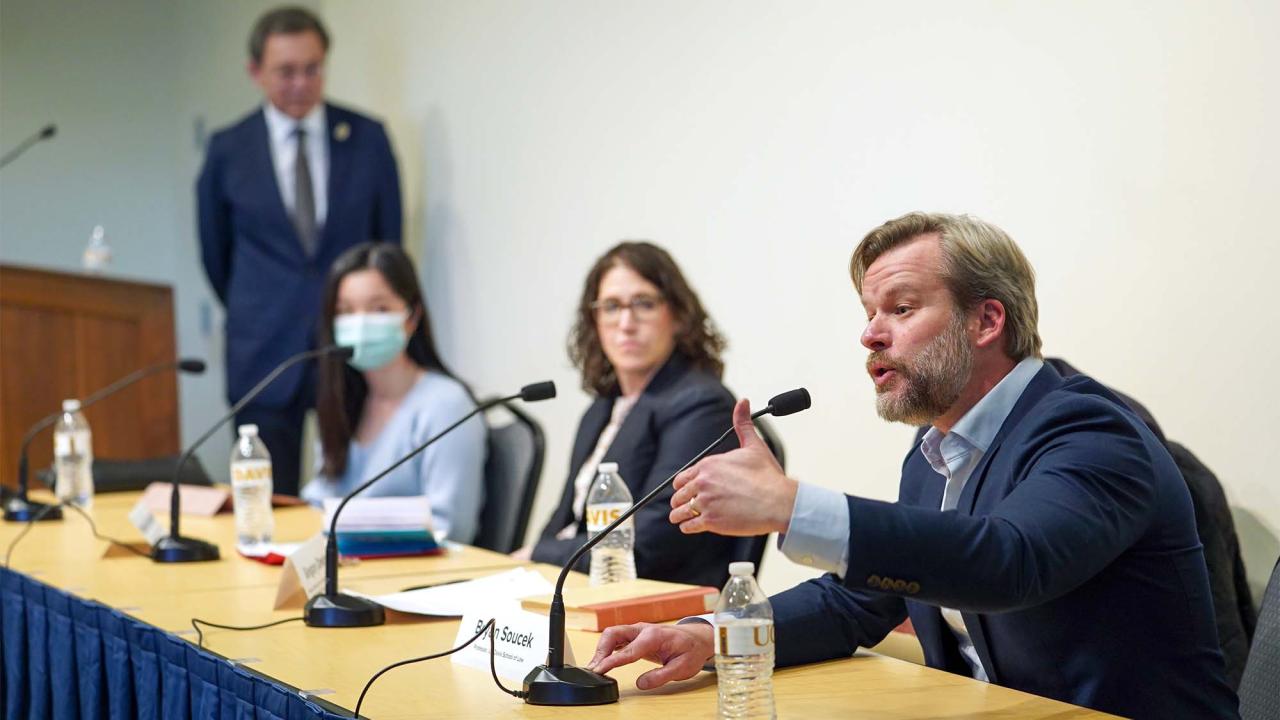 Brian Soucek speaks during a town hall.