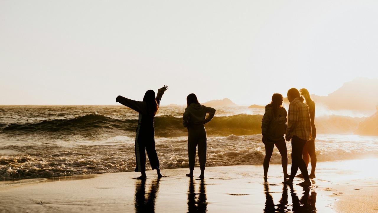 Five silhouetted people on wet sand at sunset, beach photo with waves behind