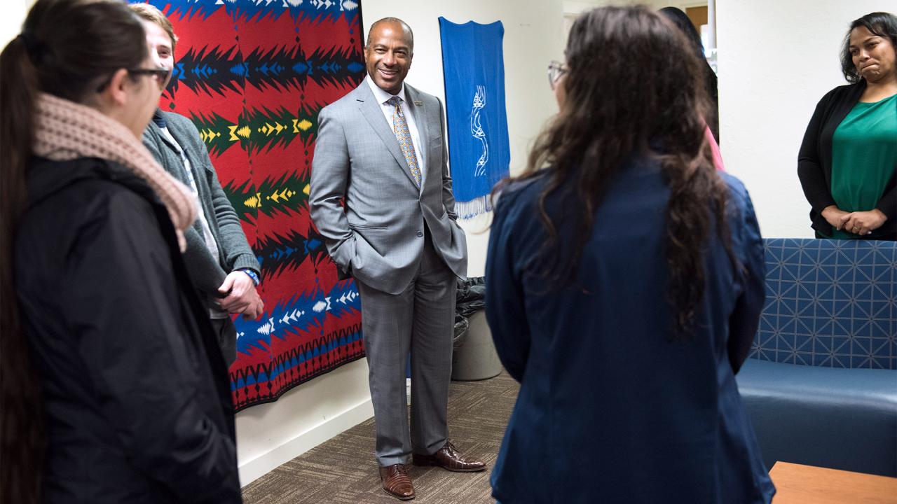 Gary S. May speaks to students and staff at the Native American Academic Student Success Center.