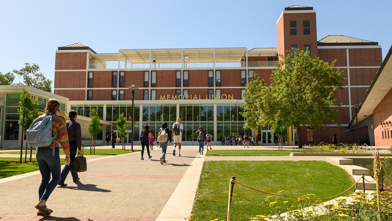 students walk around memorial union