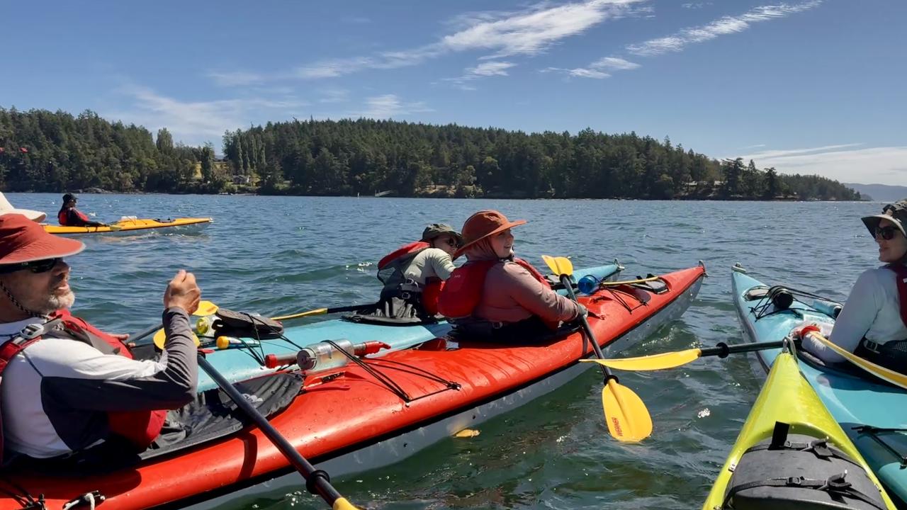 Group of kayakers in colorful kayaks on calm blue lake near forested shore
