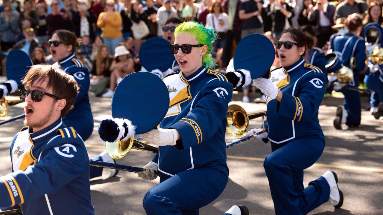 Memebers of the Marching Band perform at the Picnic Day parade