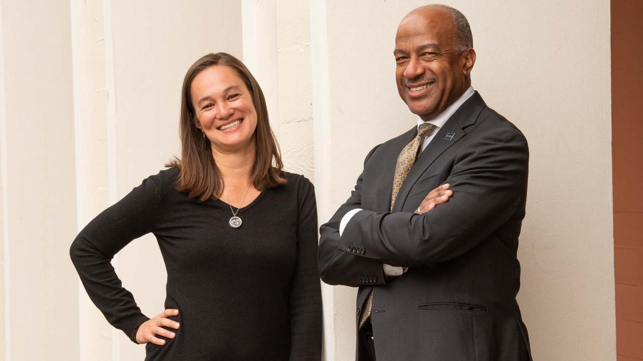 Rachael Bay poses for a photo with Chancellor Gary S. May