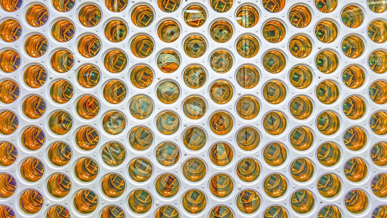 Honeycomb array of dozens of circular amber lenses in a white frame 