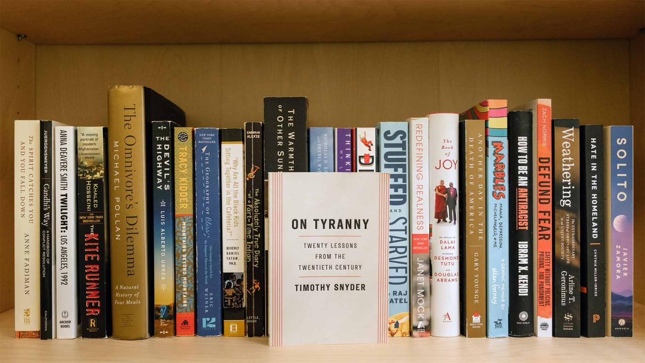 Wooden bookshelf with assorted books, 'On Tyranny' displayed front-facing center