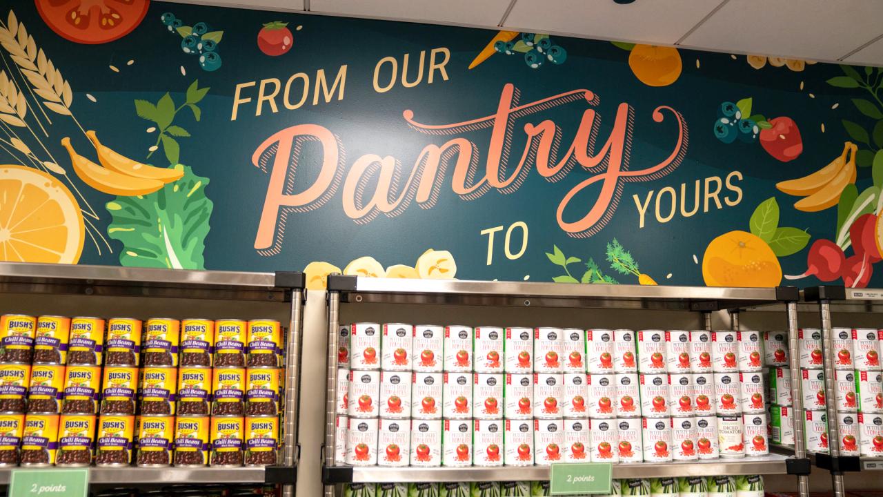 "The Pantry" sign in script, above shelves filled with canned food