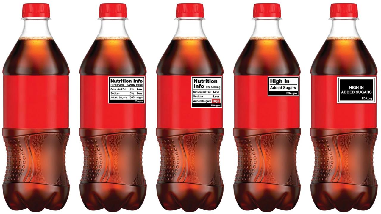 Five bottles of cola with various labels on red backgrounds.