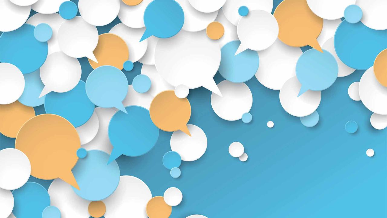 Illustration shows white, blue and gold speech bubbles on blue background