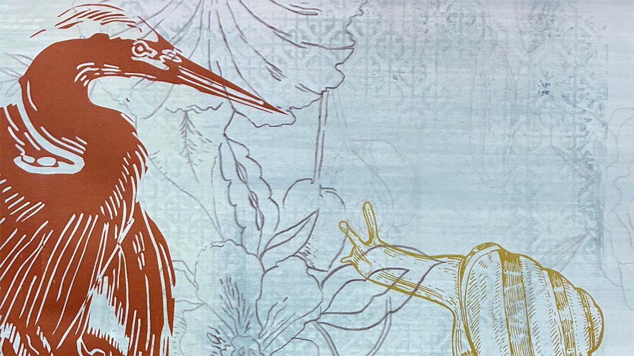 Illustration - rust heron, line-drawn plants and yellow snail on textured blue background