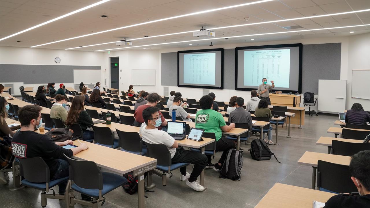 Instructor lectures in large lecture hall