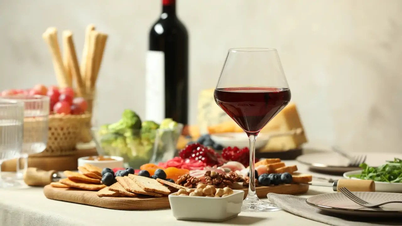 A glass of red wine sits on a table with a spread of fruit, cheeses, nuts and crackers.