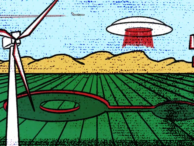 Stylized illustration of wind turbine, cell tower, UFO, crop circles and a plane with contrails