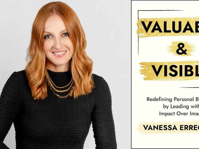 Smiling red-haired woman beside a graphic book cover reading "Valuable and Visible"