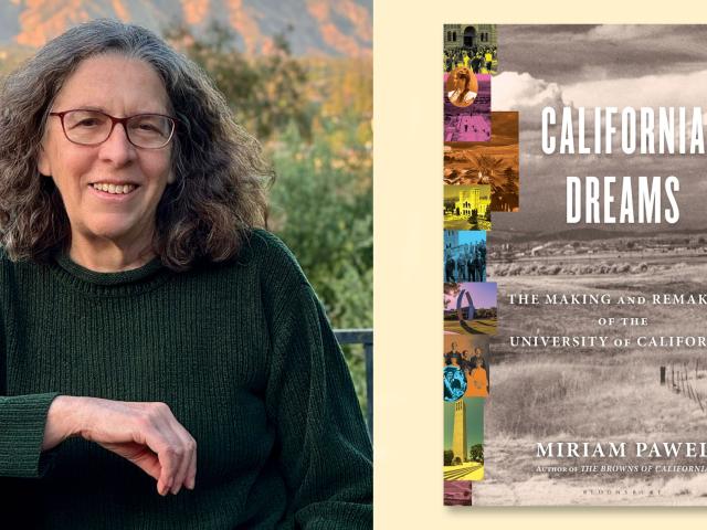 Photo of smiling woman in green sweater beside book cover 'California Dreams'.