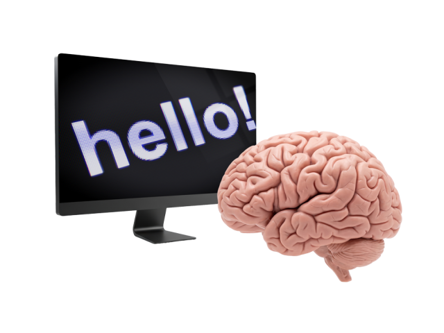 Graphic of monitor displaying 'hello!' beside a realistic brain
