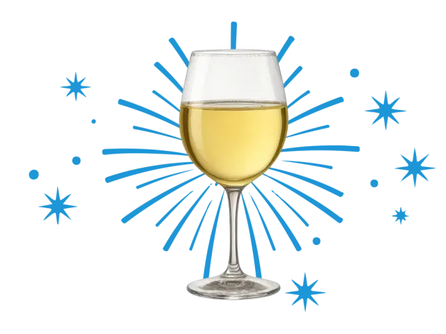 Illustration of a white wine glass with blue celebratory starbursts