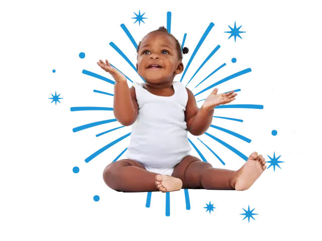 Smiling baby in white onesie sitting with arms raised; blue starburst graphic behind.