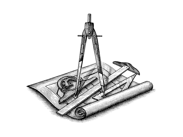 A woodcut illustration of a compass and several other engineering and drafting tools