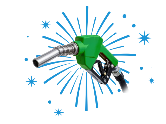 Graphic of green fuel nozzle with metallic hose and blue starburst background