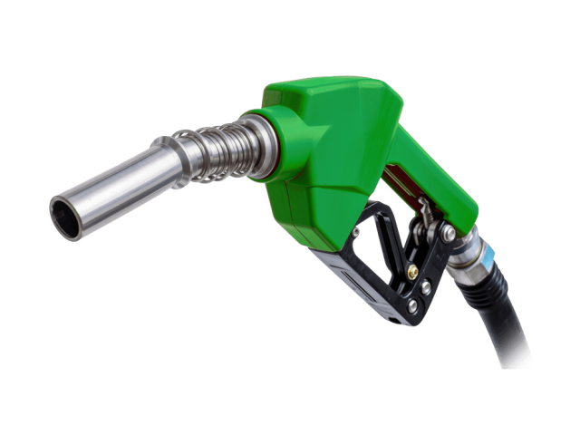 Green fuel nozzle with metal spout on black background
