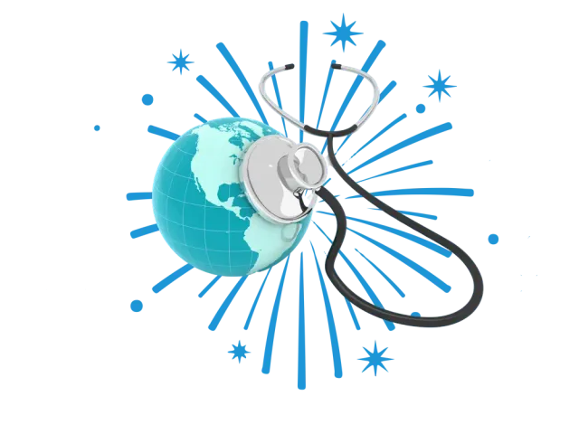 Graphic of globe with stethoscope and blue burst, symbolizing global health