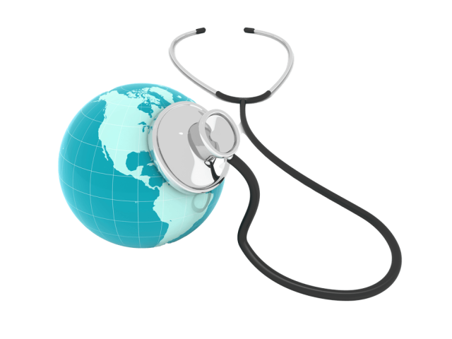 Illustration of a blue-green globe with a stethoscope