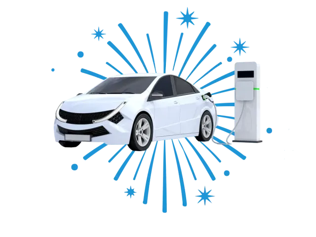 Illustration of a white electric car by a charging station with blue starburst