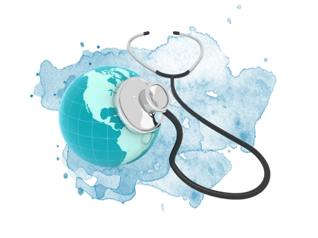 Graphic of a globe with a stethoscope and blue map background